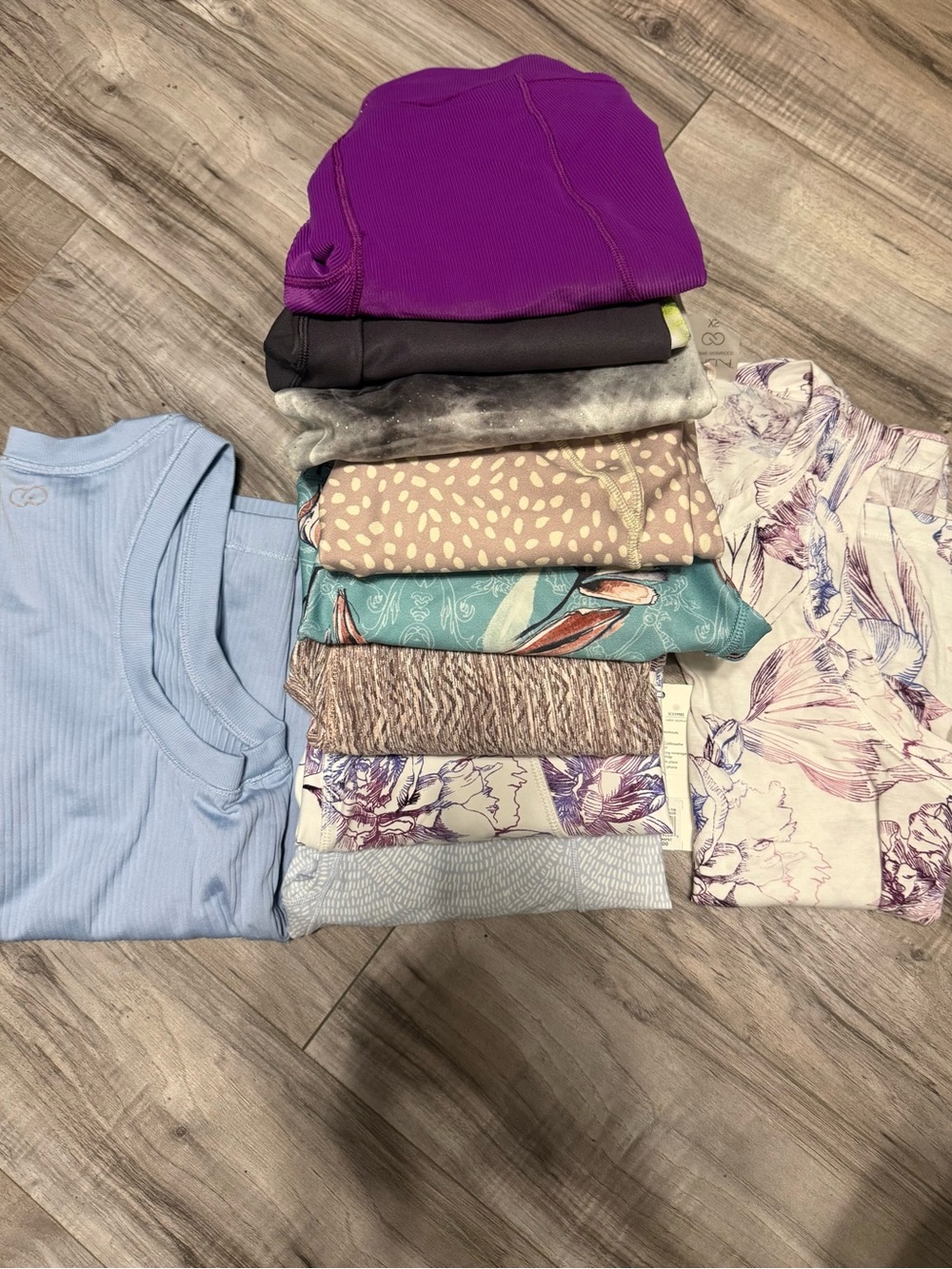 Mixed Activewear & Tops Stack - Purple, Light Blue, Teal, Floral Prints